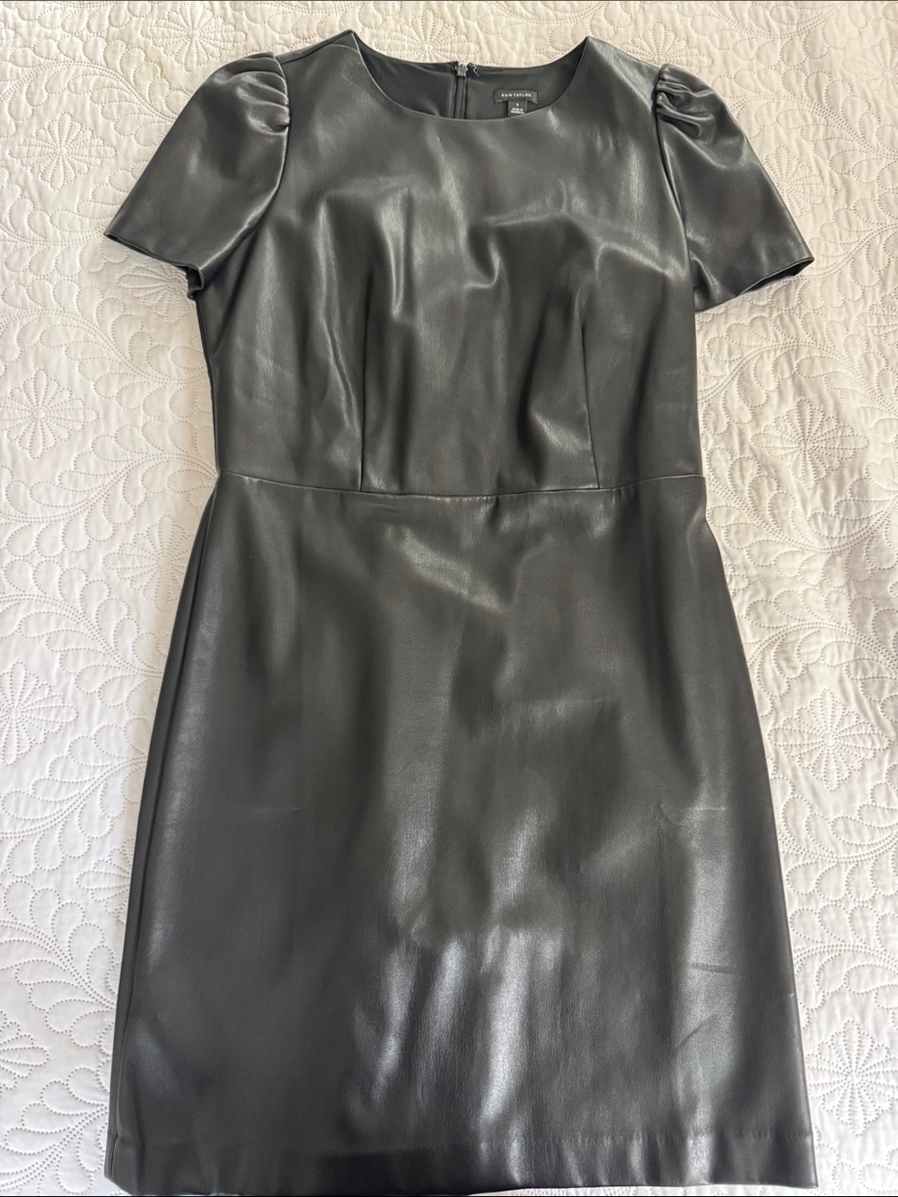 Ann Taylor Black Faux Leather Mini Dress with Puff Short Sleeves
